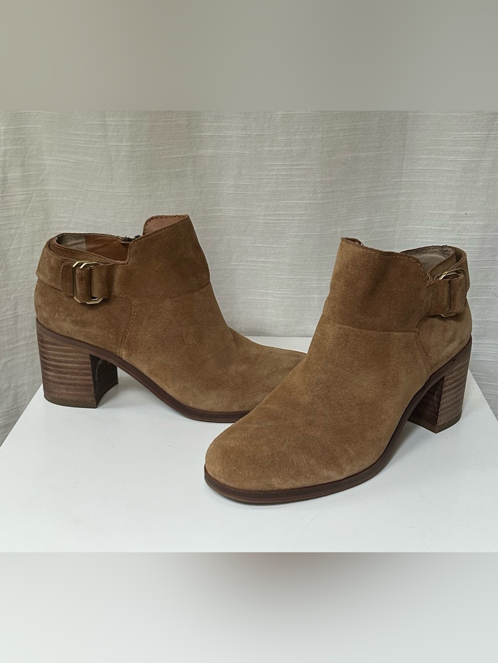 Franco Sarto Chestnut Suede Ankle Heeled Booties with Buckle
